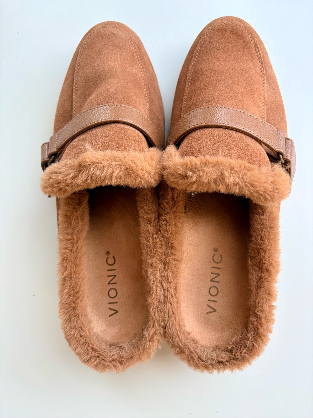 Vionic Faux Fur Lined Suede Mules Women's 9.5 Chestnut Brown